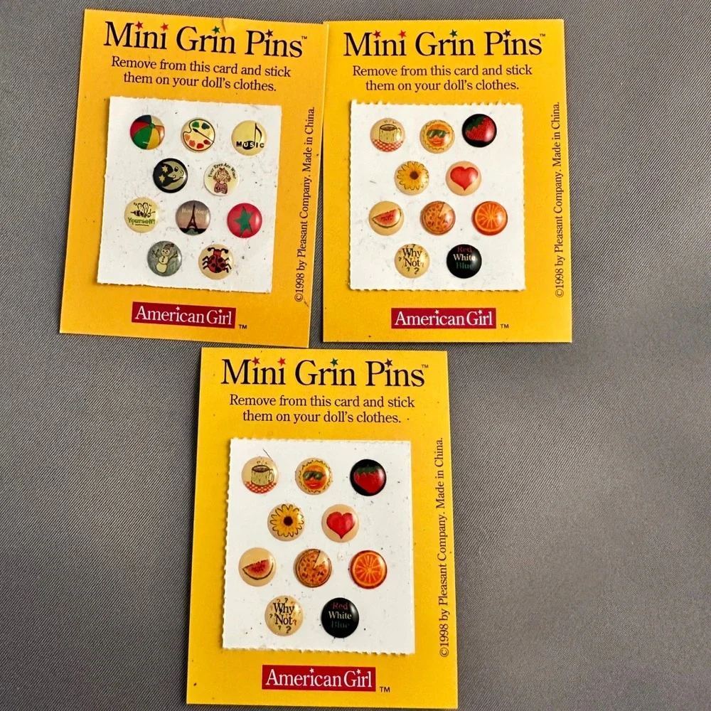 Vintage 1998 American‎ Girl Mini Grin Pins Pleasant Company 3 Pack Stick On Pins
